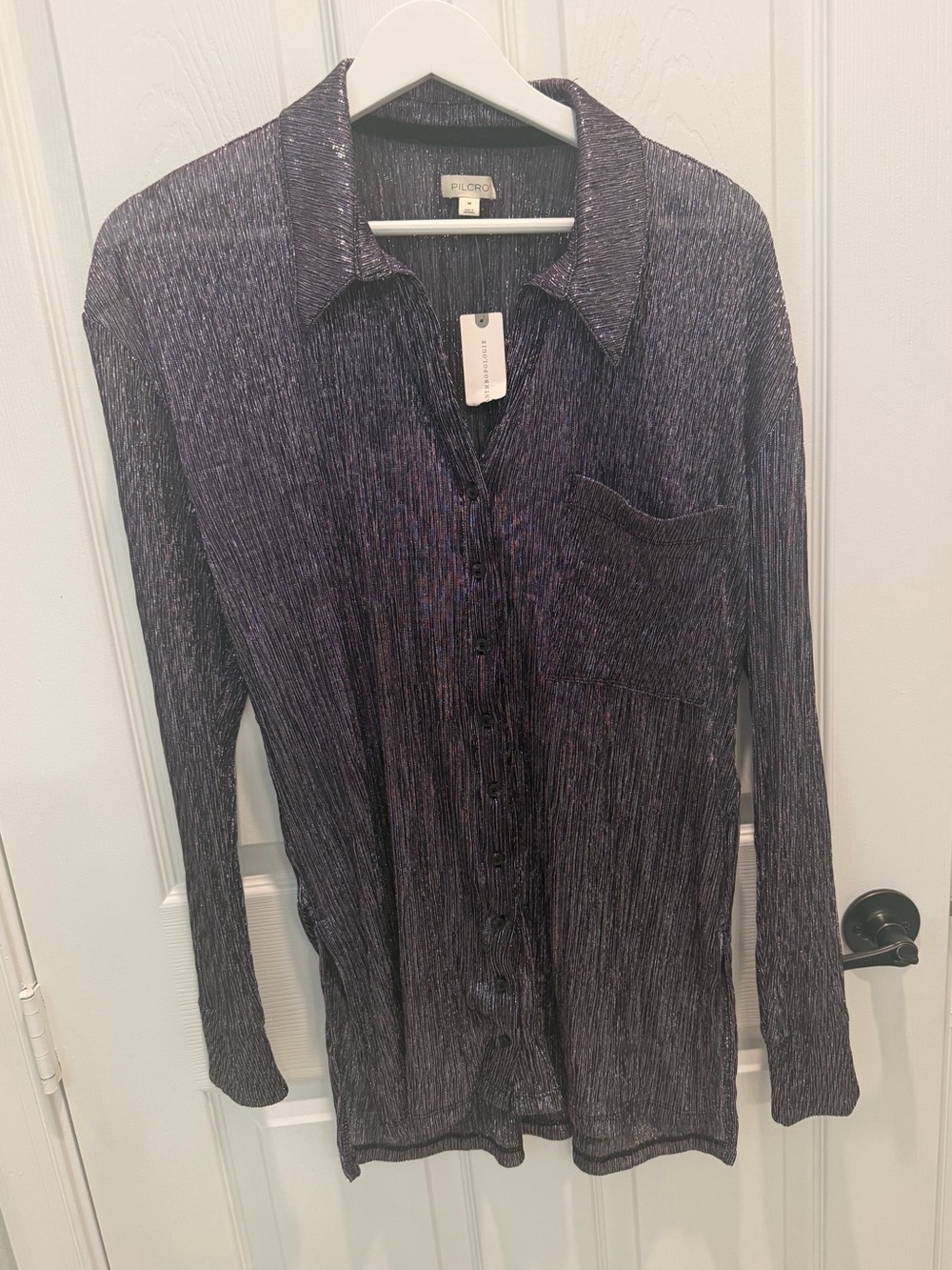 Anthropologie Pilcro Metallic Buttondown Shirt in Gunmetal purple medium pocket